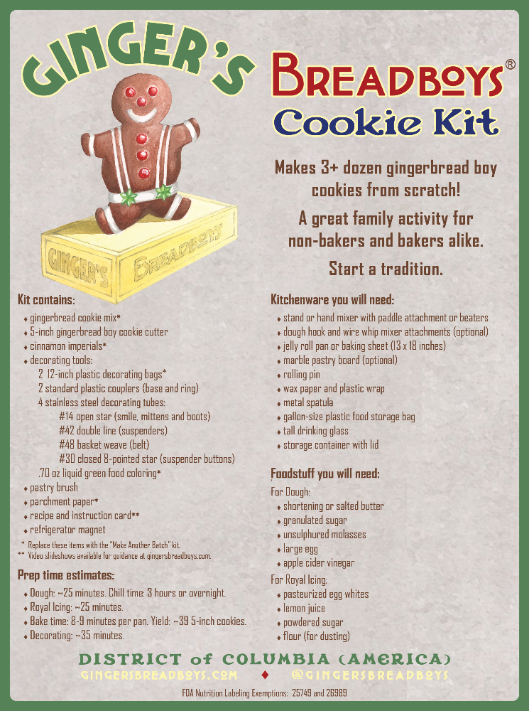 Gingerbread cookie kit bottom label | Ginger's Breadboys | DIY Gingerbread Boy Baking and Decorating Kits